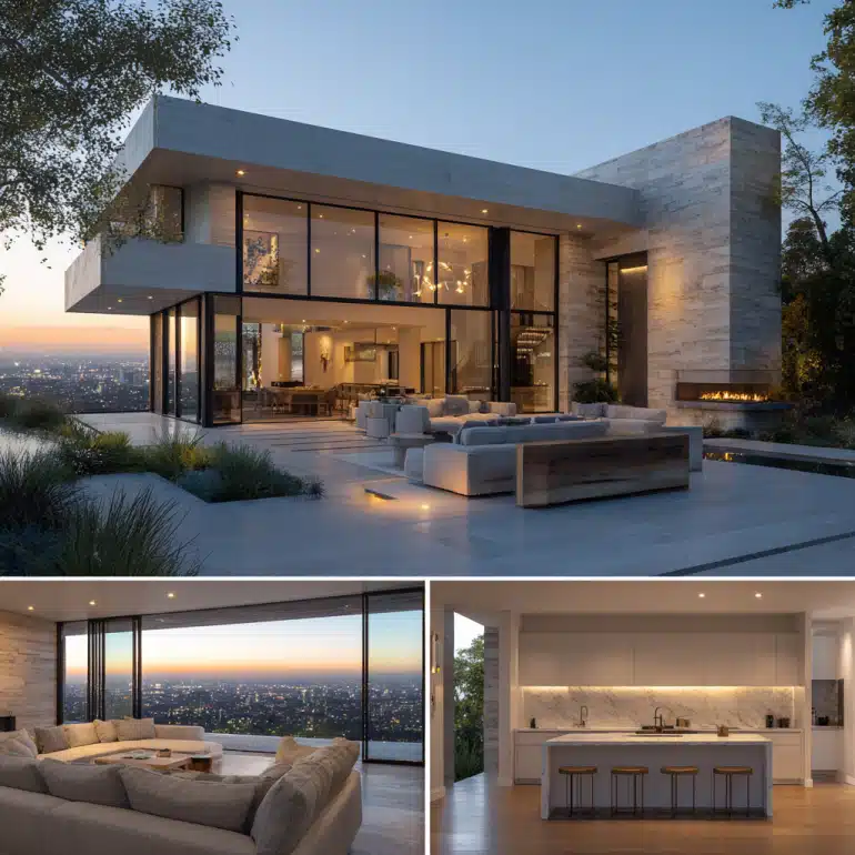 Modern house exterior in Hollywood Hills with disappearing glass walls, clean lines, and sleek finishes at night.