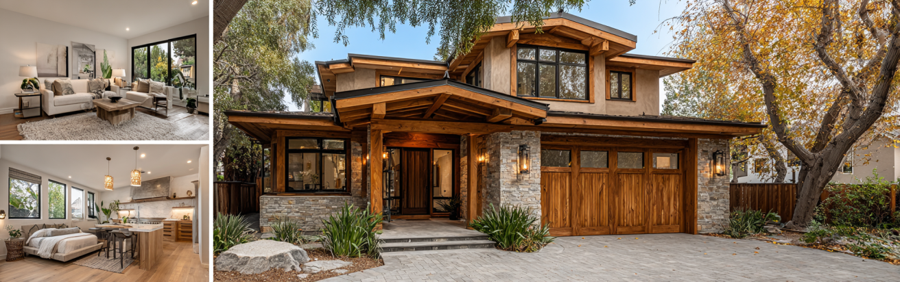 Living room interior with Craftsman wood detailing, modern furniture, and warm textures in a Pacific Palisades Custom Home Design.