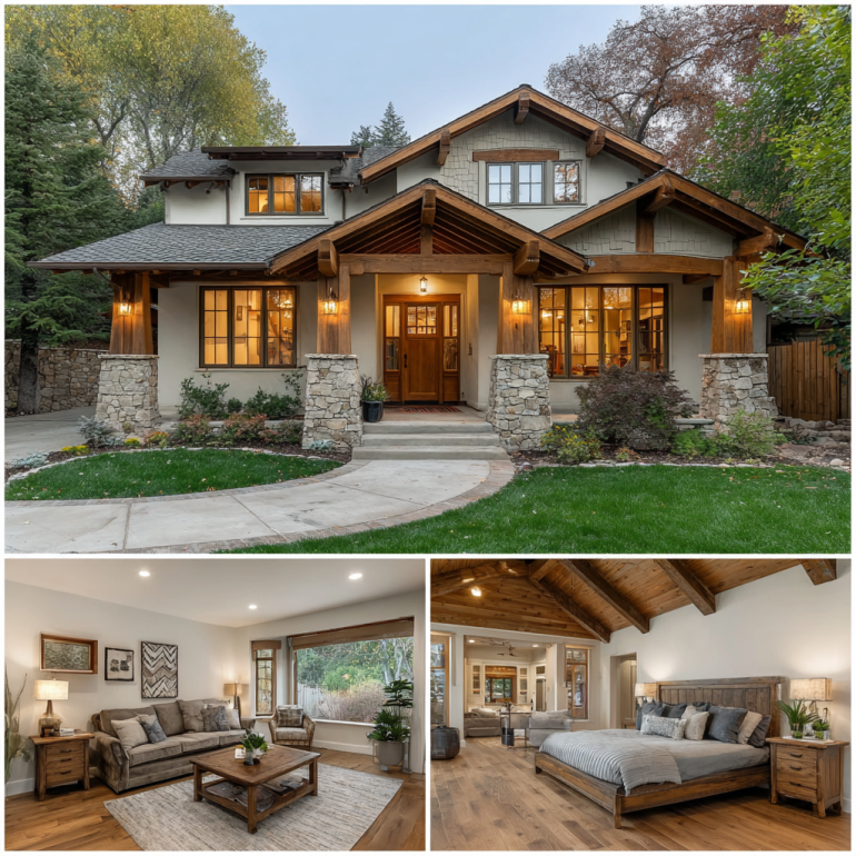 Cozy Craftsman living room interior with dark wooden floors, built-in bookshelves, and warm lighting.