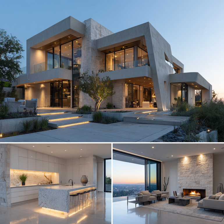 Modern sculptural Custom Home Design in Bel Air exterior with glass and concrete, featuring bold cantilever volumes and twilight lighting.