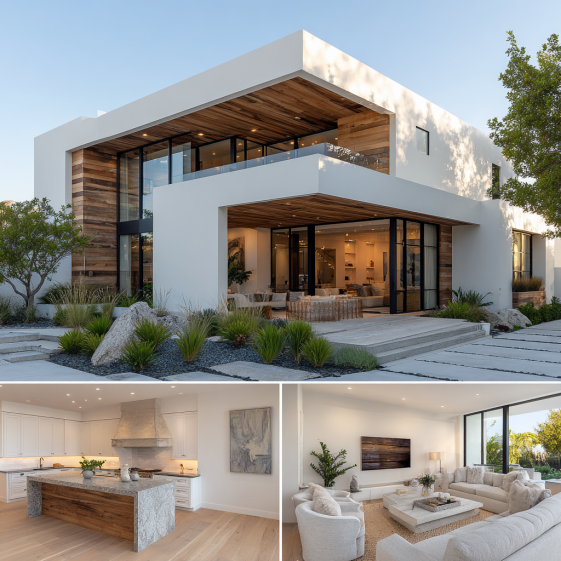 White smooth facade and natural wood panels of a Coastal Contemporary Custom Home Design in Bel Air.