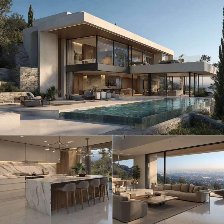 Modern hillside estate exterior in Bel Air with glass façade, cantilevered design, and infinity pool, highlighting Custom Home Design in Bel Air.