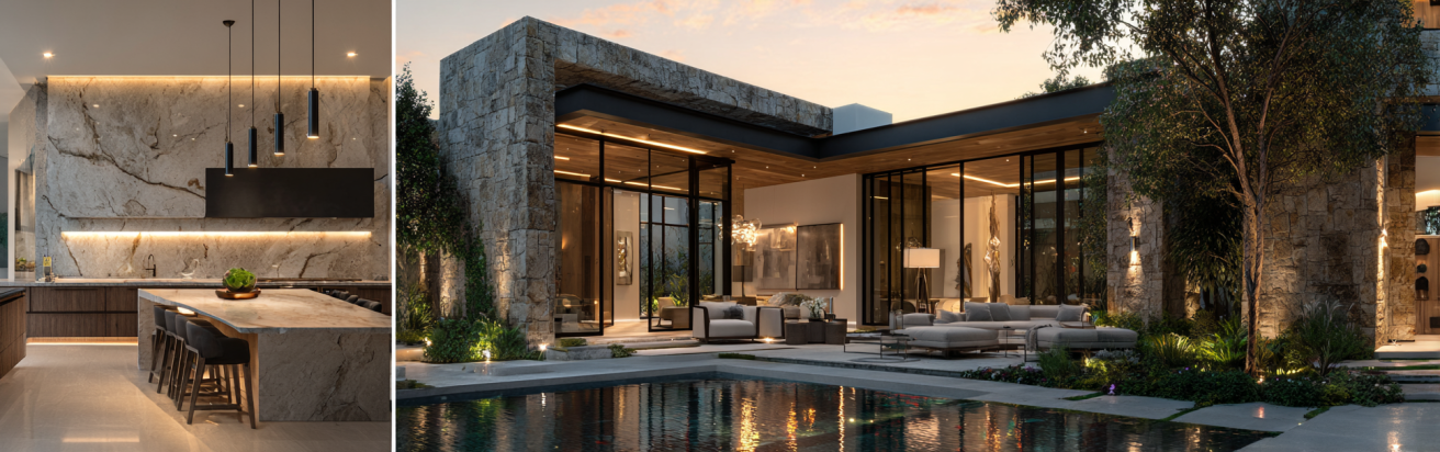 Cinematic twilight view of a contemporary Custom Home Design in Brentwood with glass facade, stone, and an infinity pool.