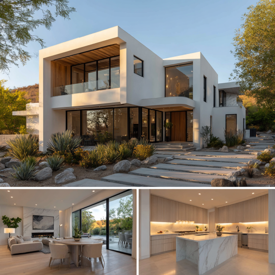 Ultra realistic architectural collage showing the white cubic exterior of a Custom Home Design in Brentwood with wood accents.