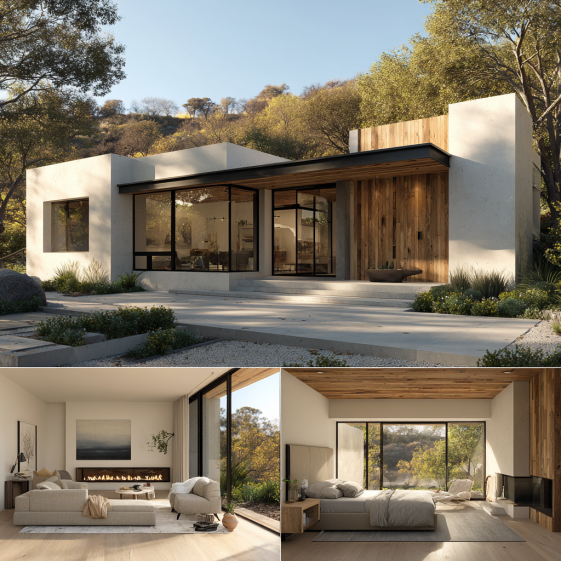 Contemporary exterior façade of a Custom Home Design in Brentwood with wood cladding.