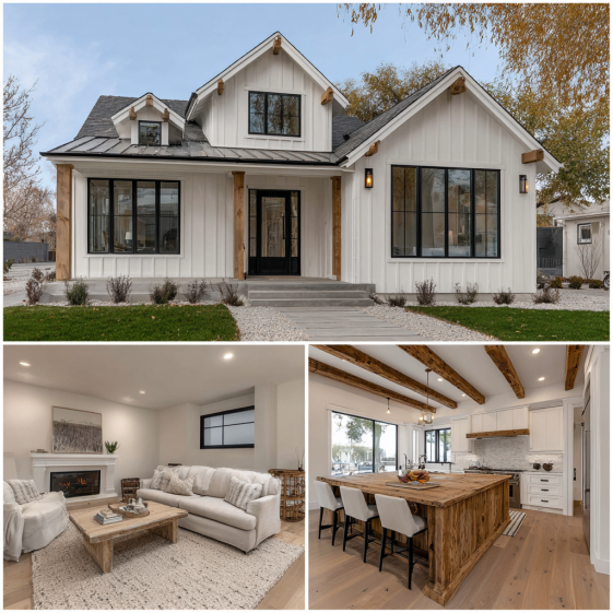 Exterior view of an elegant modern farmhouse, white siding, black accents, gabled roof elements in a Custom Home Design in Brentwood.
