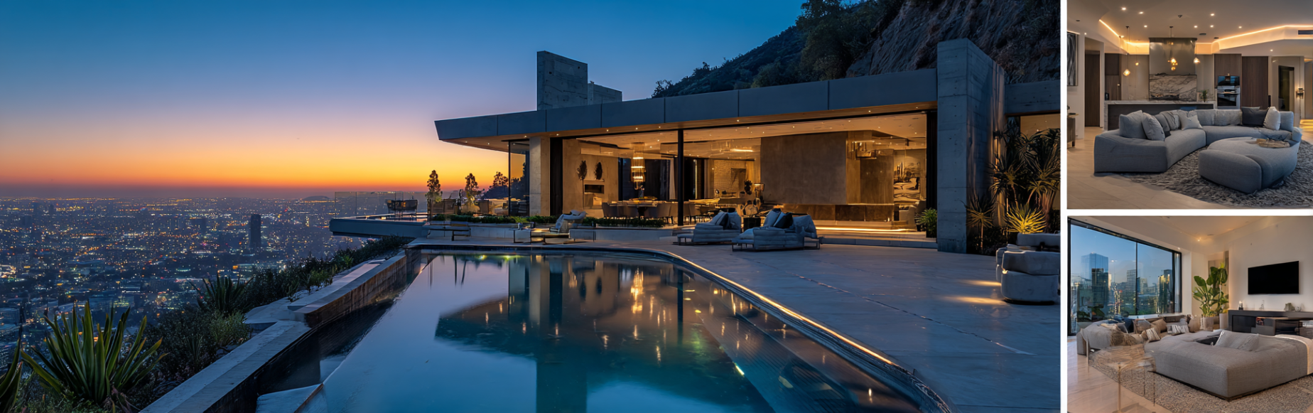Luxury modern home exterior in Hollywood Hills with an infinity pool and glass walls overlooking Los Angeles.