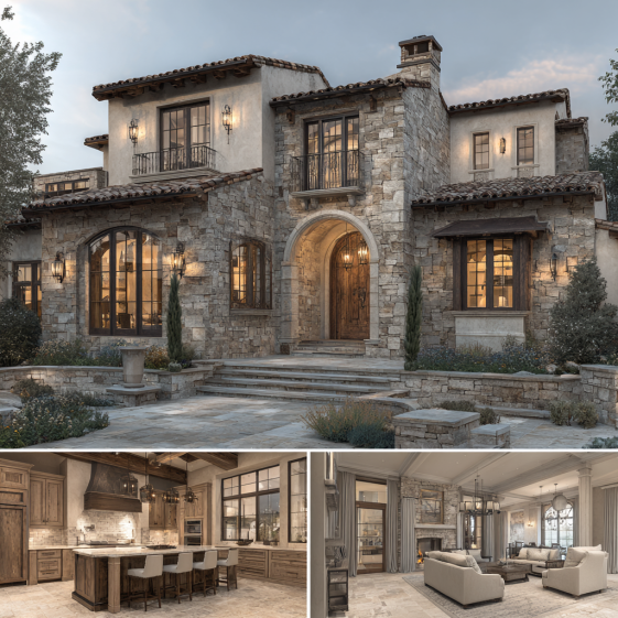 Architectural cutaway of a luxury custom home design in Holmby Hills showing Italian Renaissance façade.