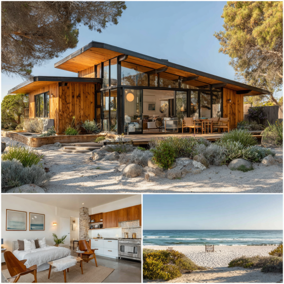 Low horizontal roofline, warm wood and glass facade of a Mid-Century Modern Custom Home Design in Malibu on Broad Beach.