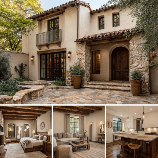 Elegant master bedroom with arched doorways and neutral colors in a Mediterranean Refresh Custom Home Design in Hidden Hills & Calabasas.
