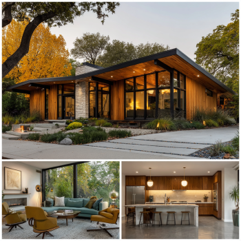 Mid-century inspired living room interior with warm wood, minimal clutter, and large windows in a Brentwood Custom Home Design.