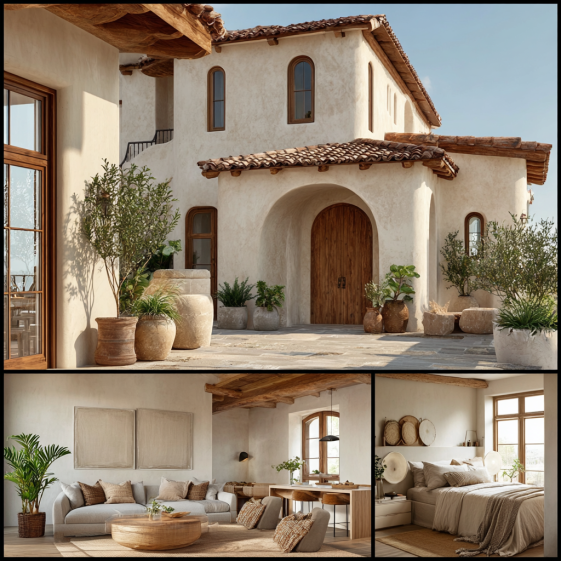 Mediterranean coastal living room interior with light wood beams, soft decor, and arched openings for indoor-outdoor living in Pacific Palisades.