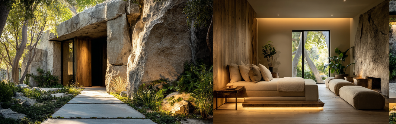 Exterior view of a Japandi Custom Home Design in Bel Air with wood cladding, stone walls, and a Zen garden pathway.