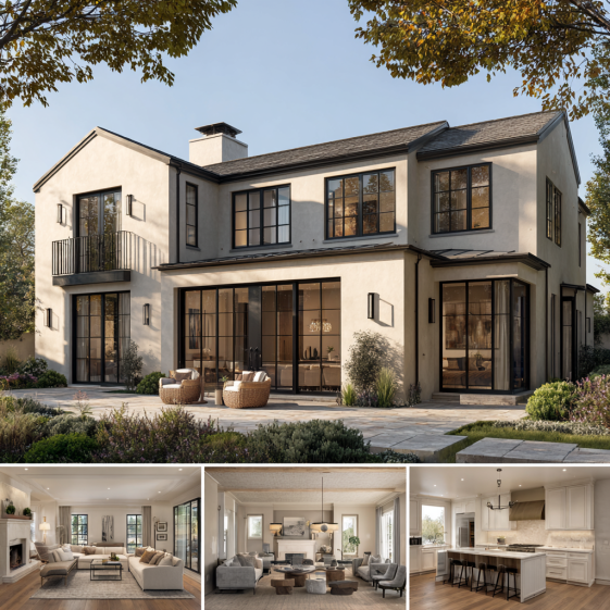 Rear façade of a refined custom home design in Holmby Hills showcasing French doors and a stone patio.