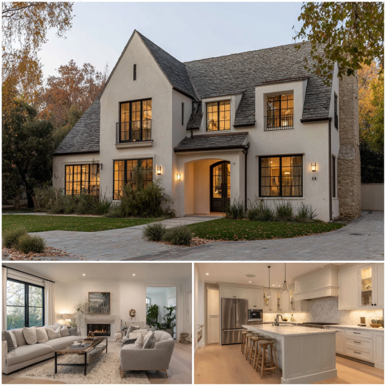 Open-plan transitional living room interior in a Custom Home Design in Brentwood with high ceilings, modern furniture, and natural textures.