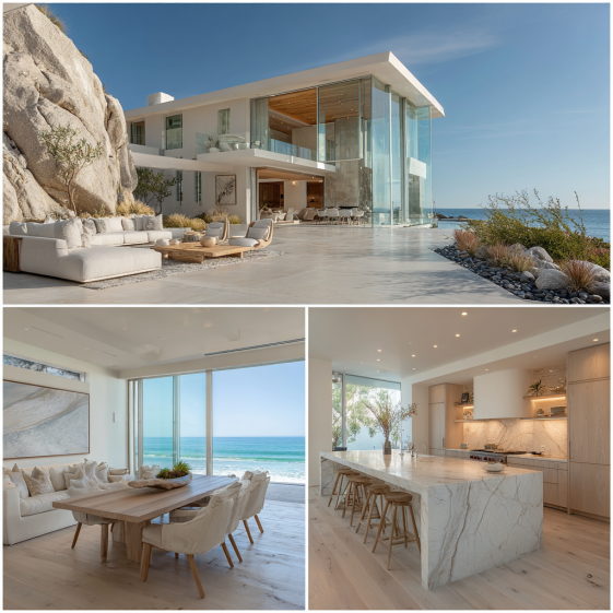 Minimalist living room interior with soft neutrals, light wood floors, and floor-to-ceiling windows showing ocean views in Malibu.