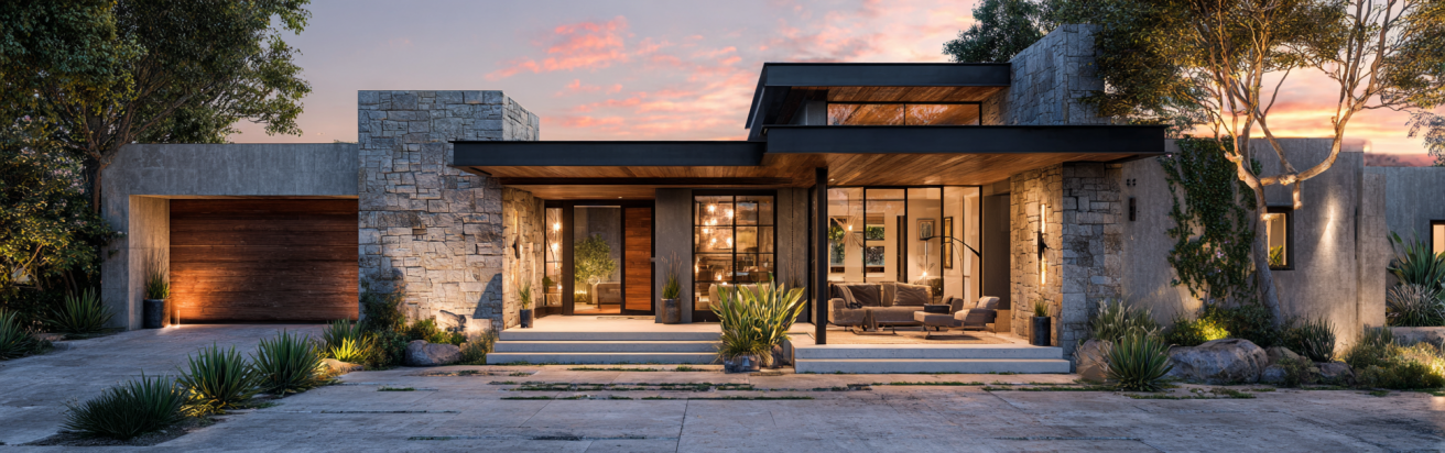 Elegant modern façade with stone and wood accents for a Custom Home Design in Hidden Hills.