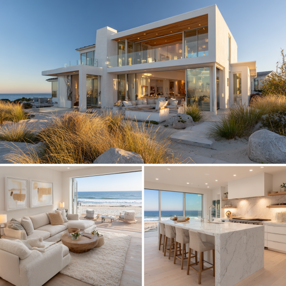 Minimalist luxury kitchen with a marble island and light wood cabinetry in a Custom Home Design in Malibu.