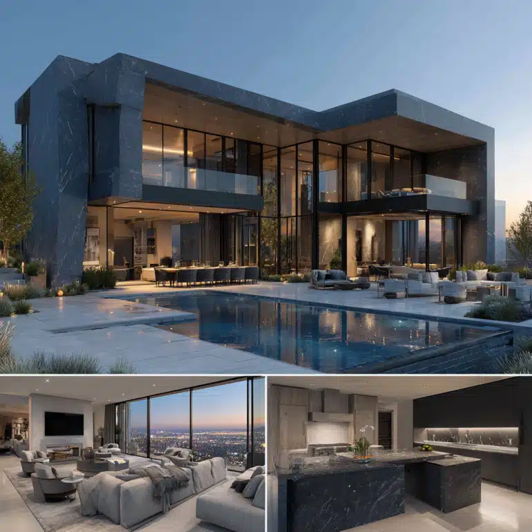 Modern bedroom with soft textiles and floor-to-ceiling windows offering extensive views of the LA skyline.