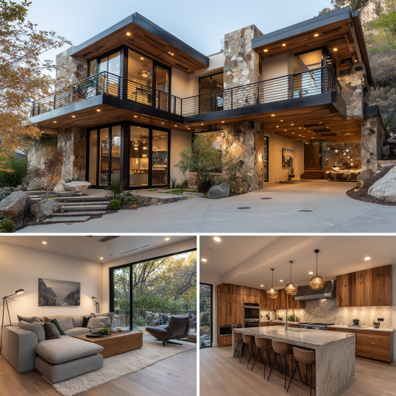 Minimalist luxury master bedroom with earthy tones and large windows offering natural light.