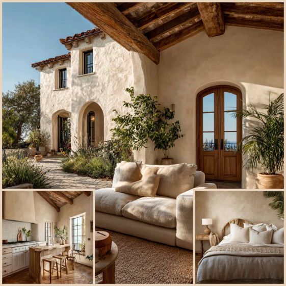 Ultra-realistic Mediterranean coastal villa exterior in Pacific Palisades with arched windows, cream stucco, and clay roof accents.