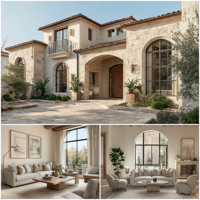 Luxurious Mediterranean-style home exterior in Pasadena with stone facades, grand arches, and a terracotta roof.