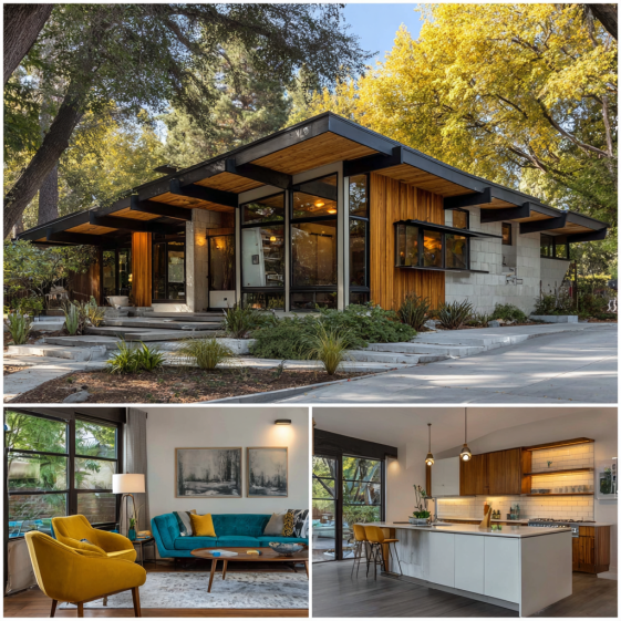 Ultra-realistic exterior view of a mid-century modern Custom Home Design in Brentwood Park with broad horizontal windows.