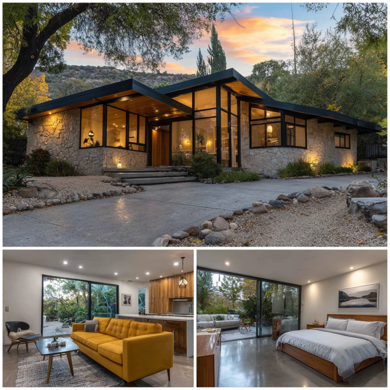 Flat-roofed Mid-Century Modern exterior with large windows, wood, and glass elements in Hidden Hills & Calabasas.