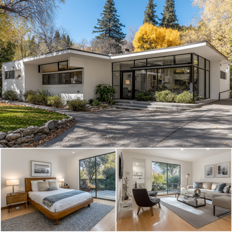 Sleek exterior of a Mid-Century Modern Custom Home Design in San Marino & Pasadena with flat roofs and large glass windows.