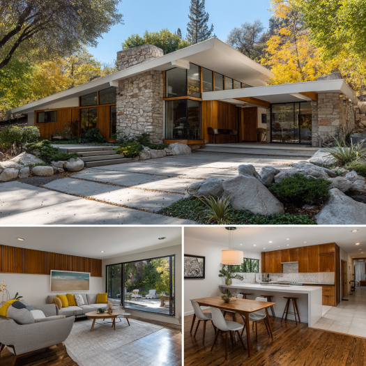 Mid-Century Modern living room with clean lines, wood furniture, and colorful accents in a Custom Home Design in Hidden Hills & Calabasas.
