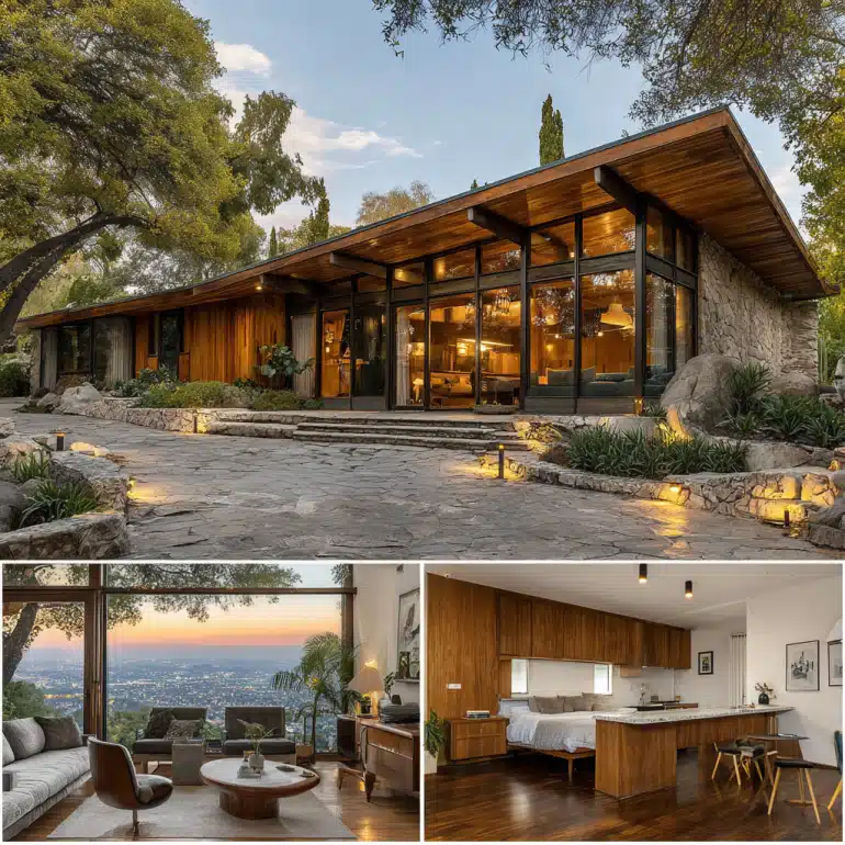 Mid-century modern living room interior with iconic furniture, wood paneling, and panoramic views of the Sunset Strip.
