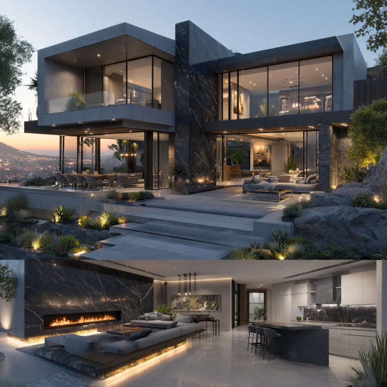 Exterior view of a striking modern Custom Home Design in Hidden Hills & Calabasas with clean lines and glass facades.