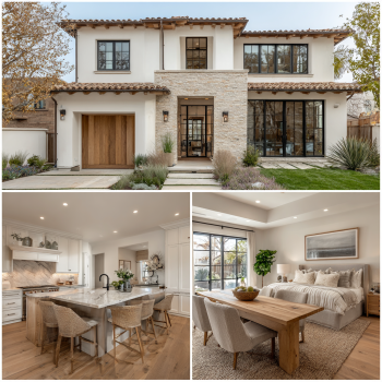 Close-up on the modern clean lines and light wood accents of the Pacific Palisades Custom Home Design.