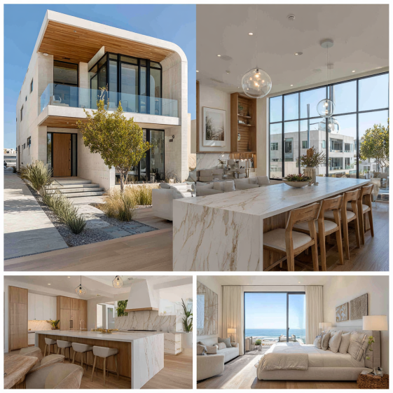 This Custom Home Design in Manhattan Beach features a modern coastal kitchen with a premium marble island and light wood cabinetry.