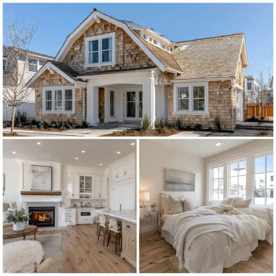 Cozy living room with fireplace and neutral coastal tones in a luxury Custom Home Design in Manhattan Beach.