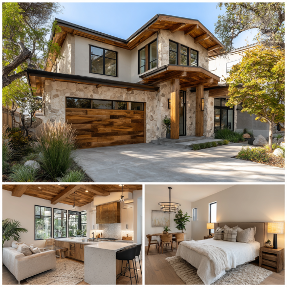 Modern Craftsman Custom Home Design in Pacific Palisades with natural wood, stone, and deep roof overhangs.