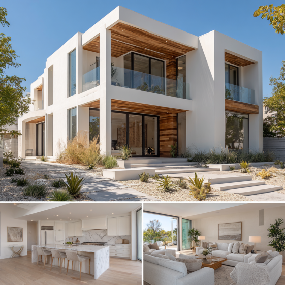 Modern white kitchen with clean cabinetry and a large light stone island in a Custom Home Design in Bel Air.