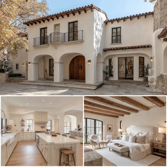 Bright, modern living room interior with a creamy palette, arched windows, and a stone fireplace in Bel Air.