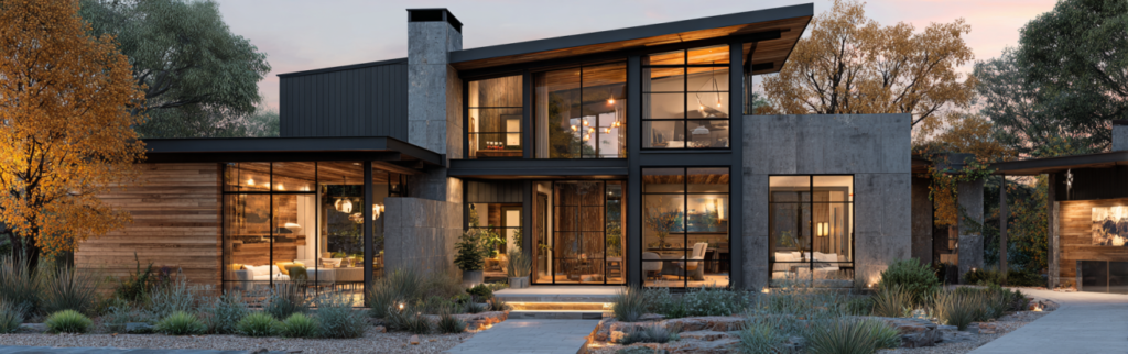 Ultra-realistic visualization of a luxury Custom Home Design with glass walls and modern architecture.