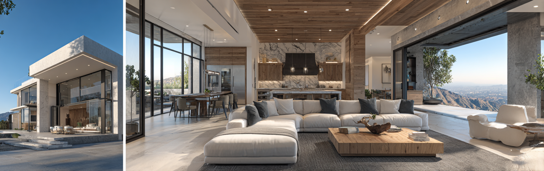 Sophisticated open-floor plan living room with custom furnishings in a Custom Home Design in Hidden Hills & Calabasas.