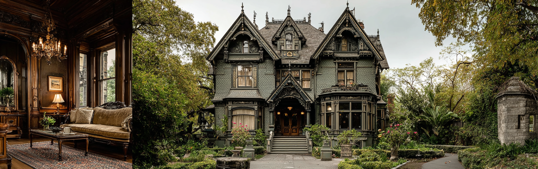 Victorian living room interior featuring dark wood furniture, high ceilings, intricate moldings, and period fabrics in a Custom Home Design.