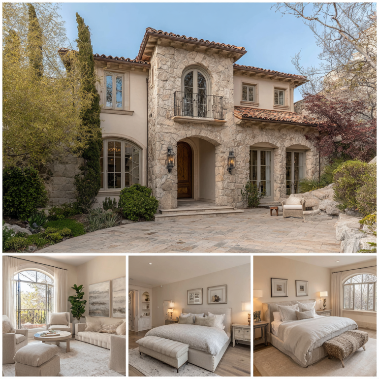 Elegant living room interior with stone floors, arched windows, and neutral tones in a Custom Home Design in San Marino & Pasadena.