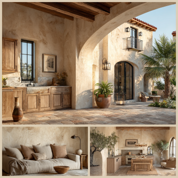 Kitchen interior featuring stone countertops, warm wood cabinetry, and brass fixtures in a Mediterranean Custom Home Design in Malibu.