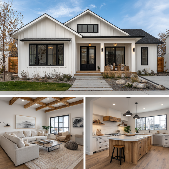 Warm living room interior with exposed wooden beams, neutral furniture, and a minimalist fireplace in a Custom Home Design in Brentwood.