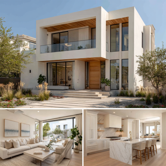 Minimalist bright white coastal kitchen with a large marble island and light wood accents in a Custom Home Design in Pacific Palisades.