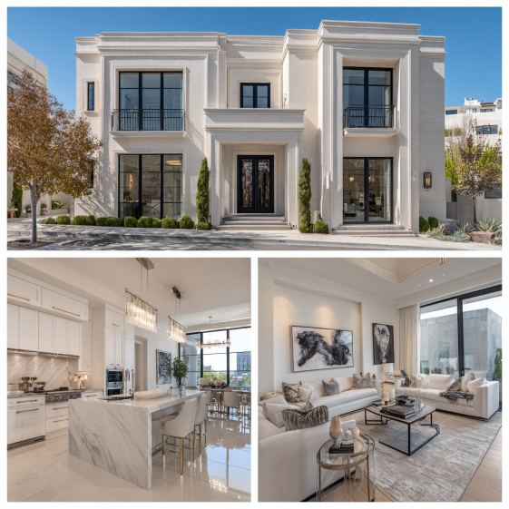 Exterior facade of a luxury Hollywood Regency estate featuring custom homes design in Beverly Hills.