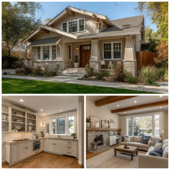 Exterior facade of a California Bungalow with a wide front porch and tapered columns, showcasing custom homes design in Pasadena.