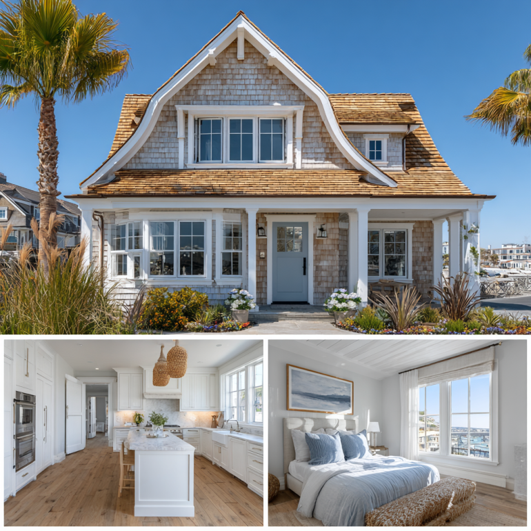 Triptych showing a Cape Cod facade, kitchen, and bedroom for custom homes design in Dana Point