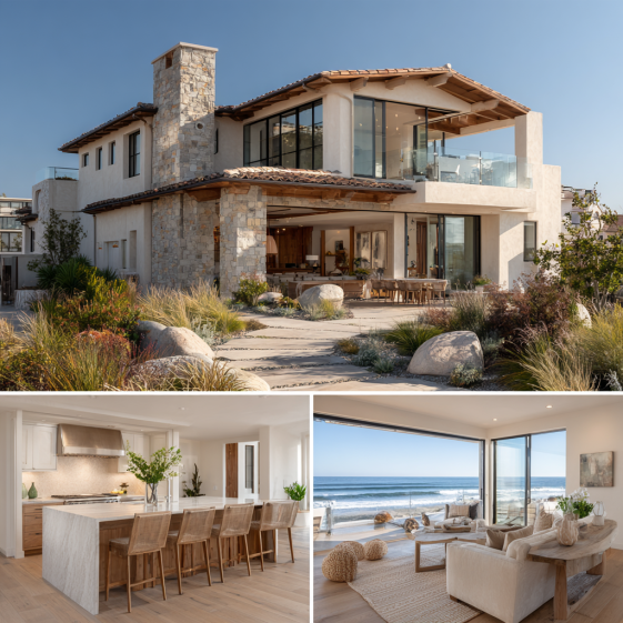 Exterior facade of a Cyprus Shores retreat-style house with ocean-facing balconies, showcasing custom homes design in San Clemente.
