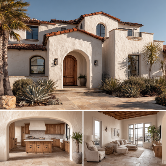 Exterior facade of a Spanish Colonial Mediterranean house with white stucco and palm tree landscaping, representing custom homes design in San Clemente.